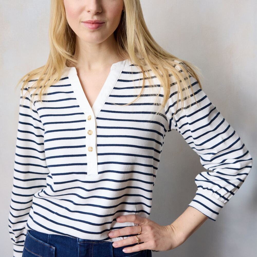 Lauren Conrad LC 3/4 Sleeve Striped Henley Top Large Cotton French Girl Preppy